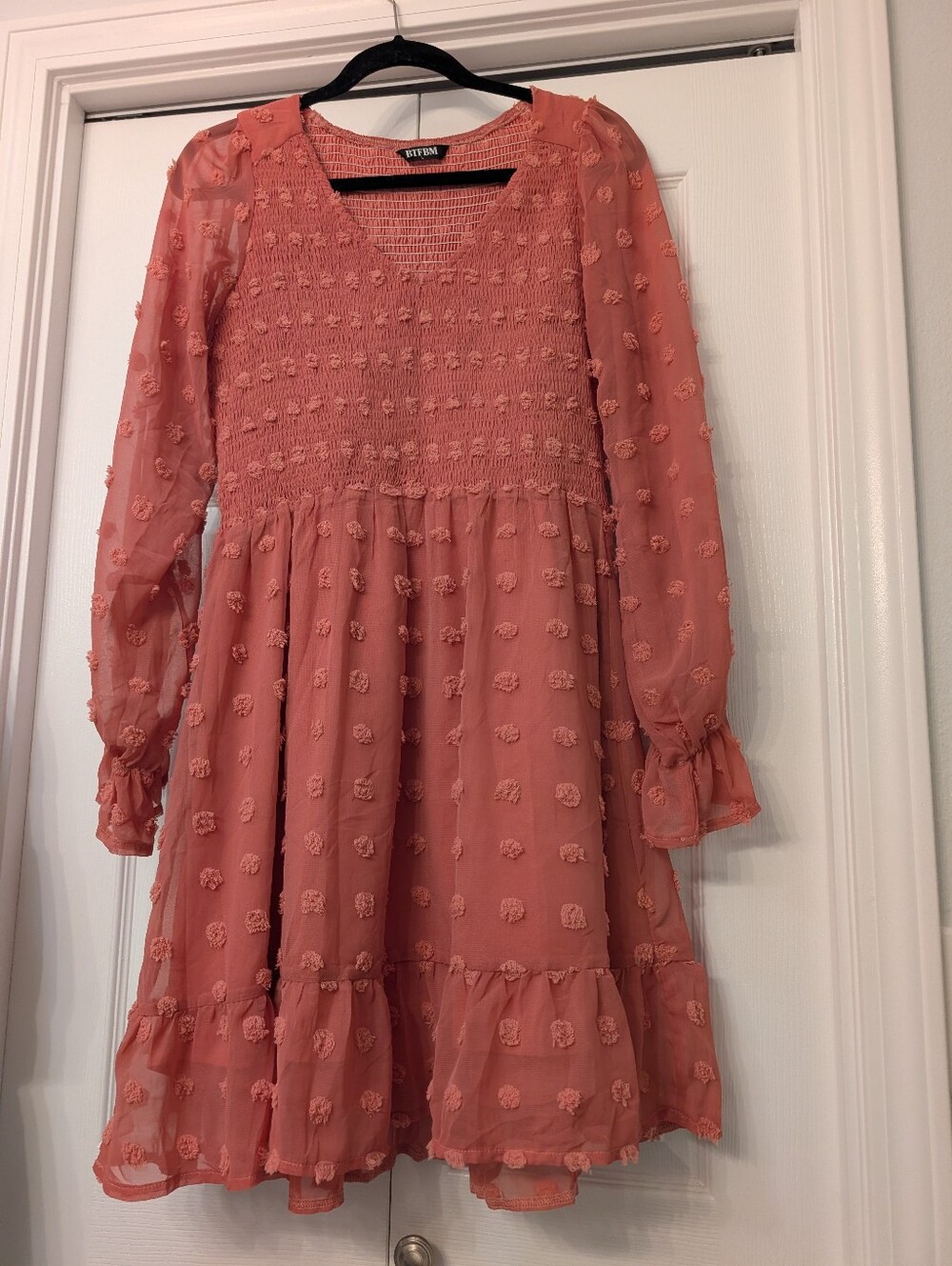 Smocked Coral Pink Long-Sleeve Girls Dress